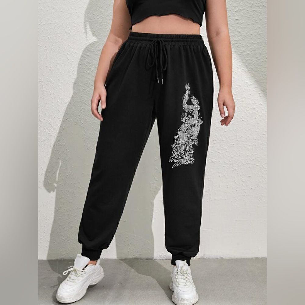 Bold Chinese Dragon Print Drawstring Waist Sweatpants